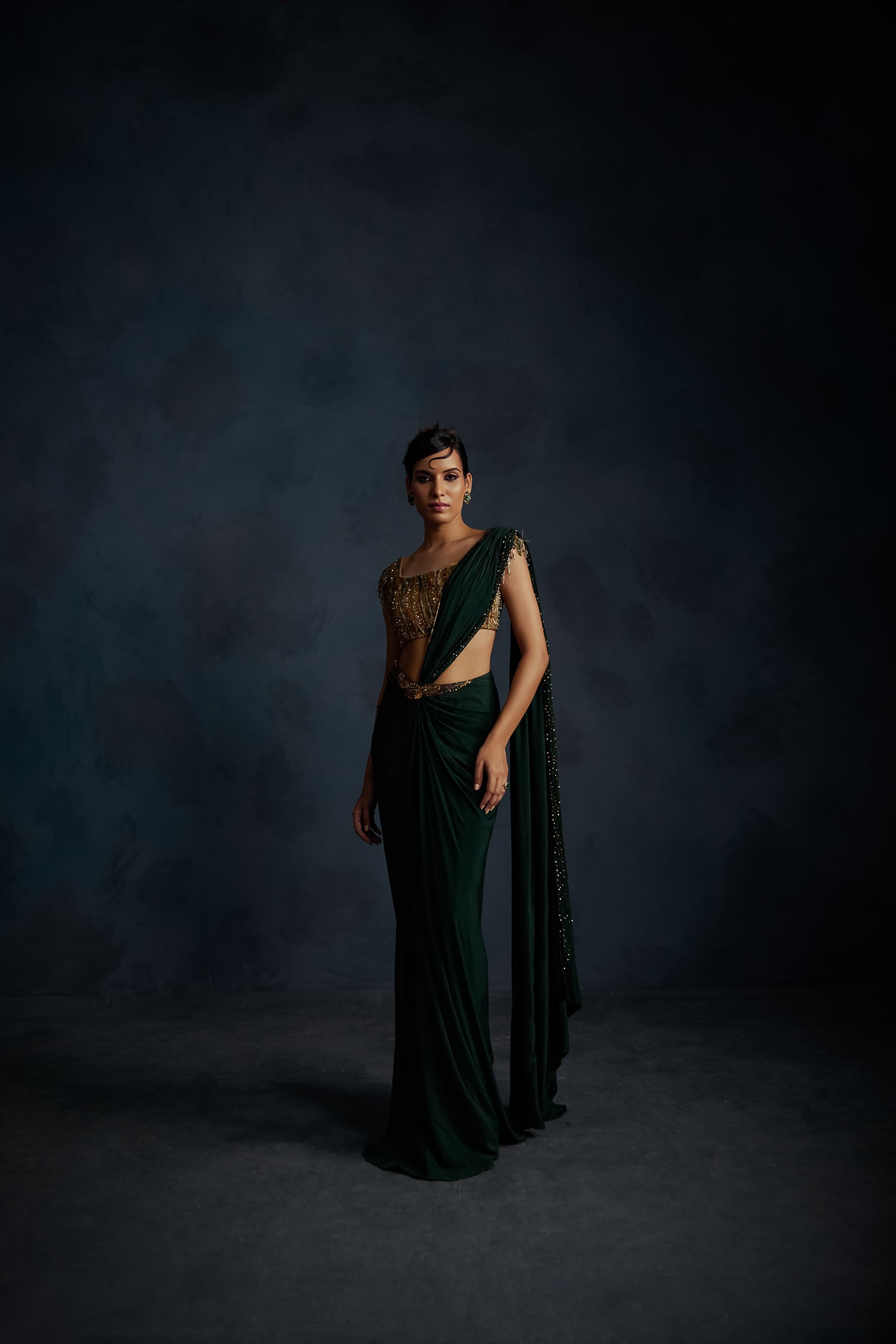 Bottle Green Drape Saree