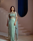 Aqua Drape skirt with bustier and cape