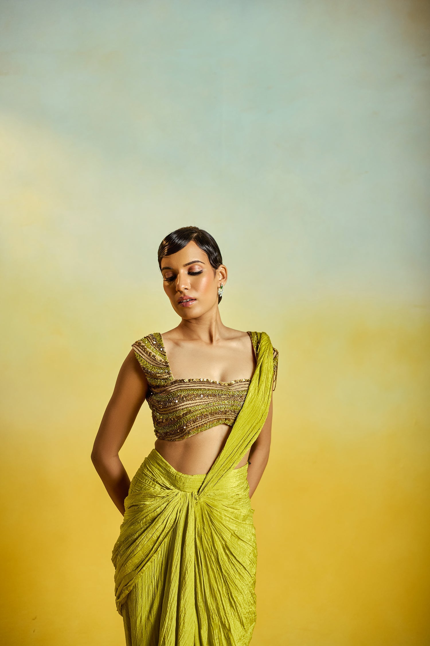 Lime Green Drape Saree