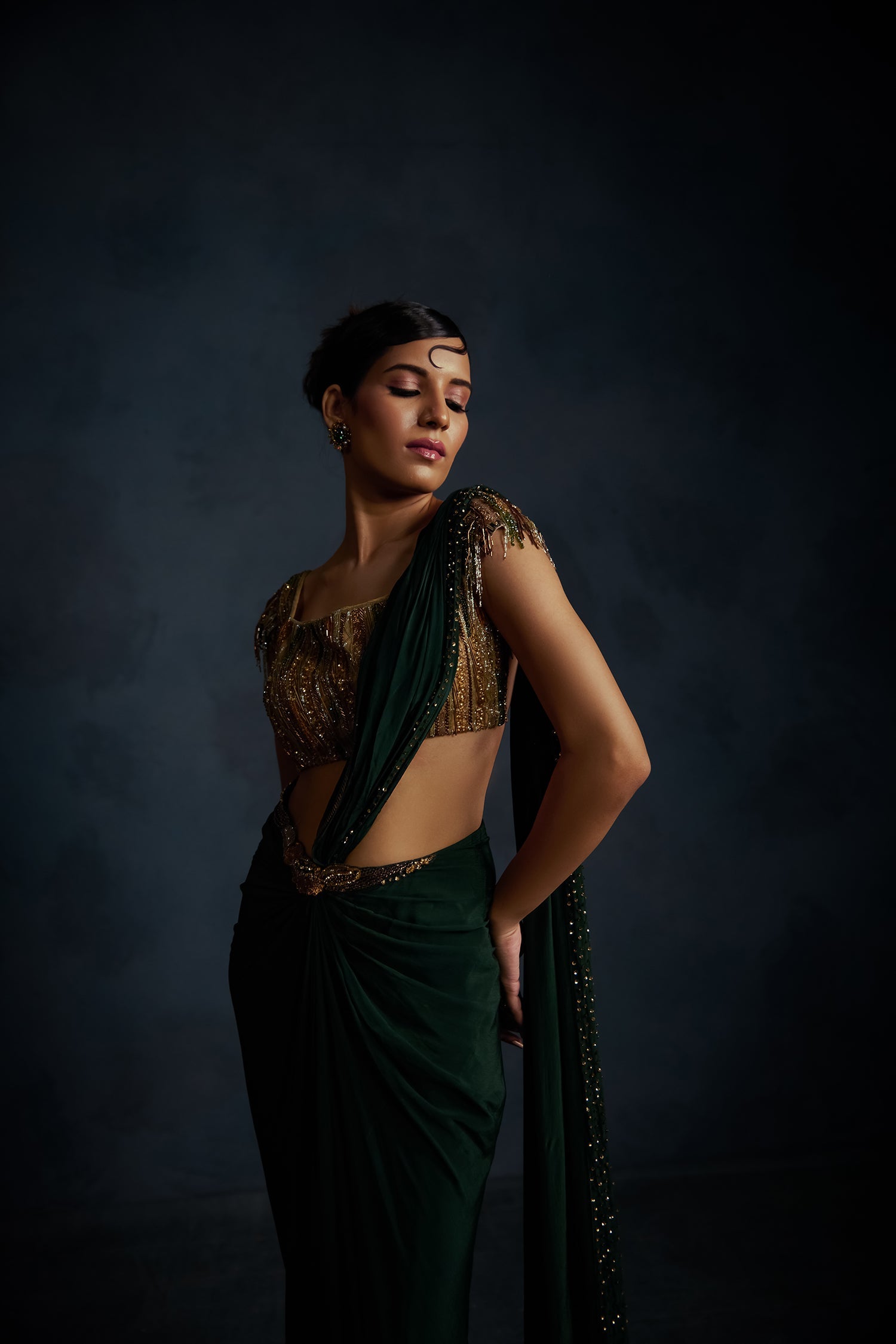Bottle Green Drape Saree