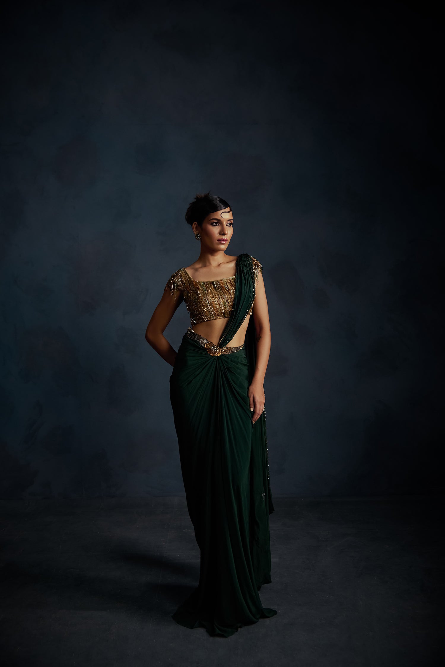 Bottle Green Drape Saree