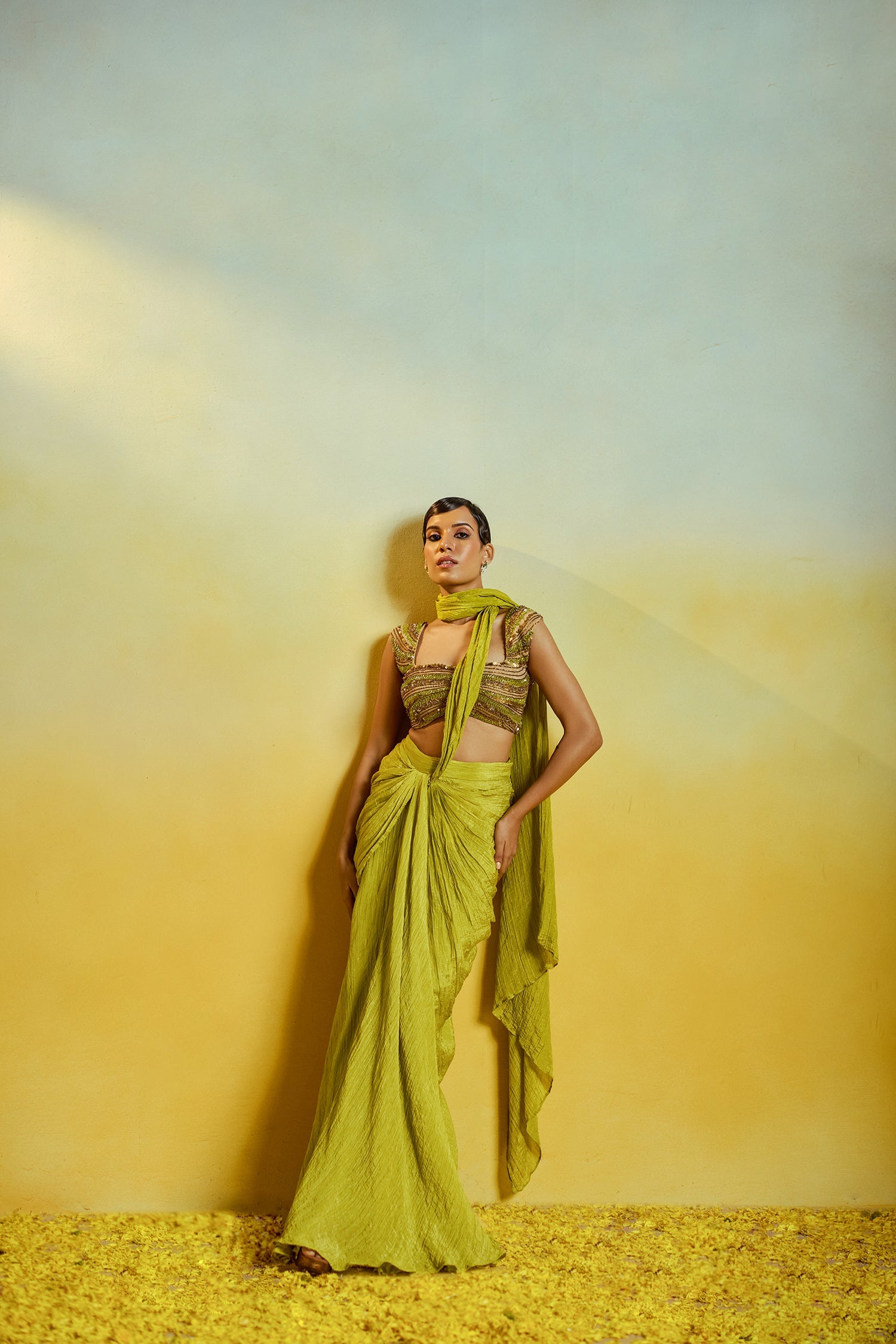 Lime Green Drape Saree