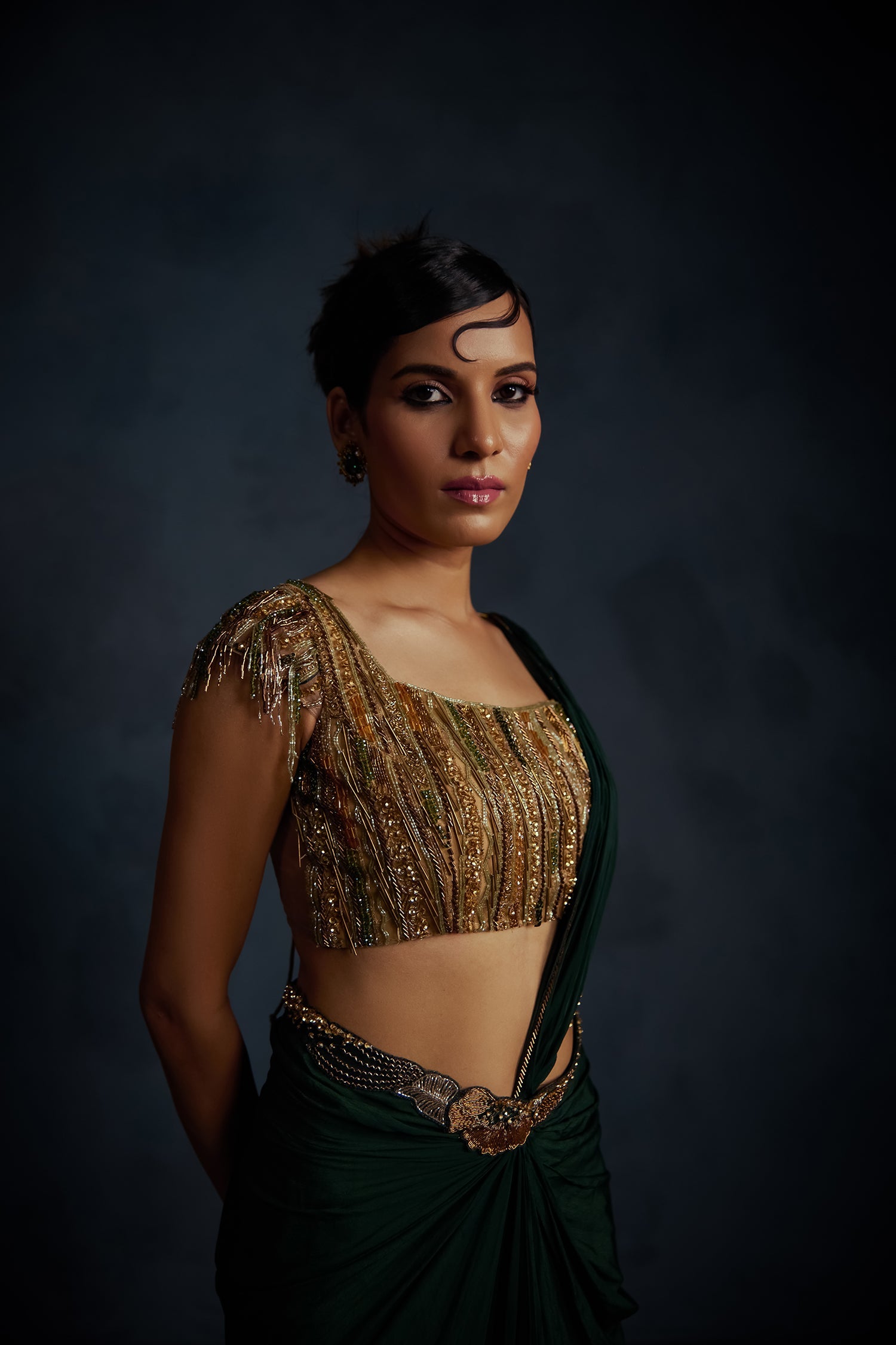 Bottle Green Drape Saree