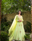 Mint Green Floral Lehenga Set with Embroidered Blouse and Net Scallop Dupatta