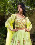 Mint Green Floral Lehenga Set with Embroidered Blouse and Net Scallop Dupatta