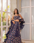 Navy Blue Printed Lehenga Set with Corset Blouse and 3-Layer Organza Ruffle Dupatta