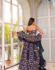 Navy Blue Printed Lehenga Set with Corset Blouse and 3-Layer Organza Ruffle Dupatta