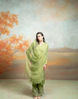 GREEN + ORGANZA DETAILING + COTTON SILK & ORGANZA + KURTA SET + 3 PCS
