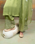 GREEN + ORGANZA DETAILING + COTTON SILK & ORGANZA + KURTA SET + 3 PCS