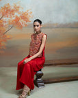 RED + ZARI CUTDANA PEARL WORK + SILK BLEND + DRAPE SKIRT SET + 2 PCS