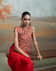 RED + ZARI CUTDANA PEARL WORK + SILK BLEND + DRAPE SKIRT SET + 2 PCS