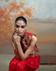 RED + ZARI CUTDANA PEARL WORK + SILK BLEND + DRAPE SKIRT SET + 2 PCS