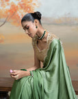 GREEN & GOLDEN + MIRROR SEQUIN WORK + GEORGETTE + SAREE SET + 2 PCS