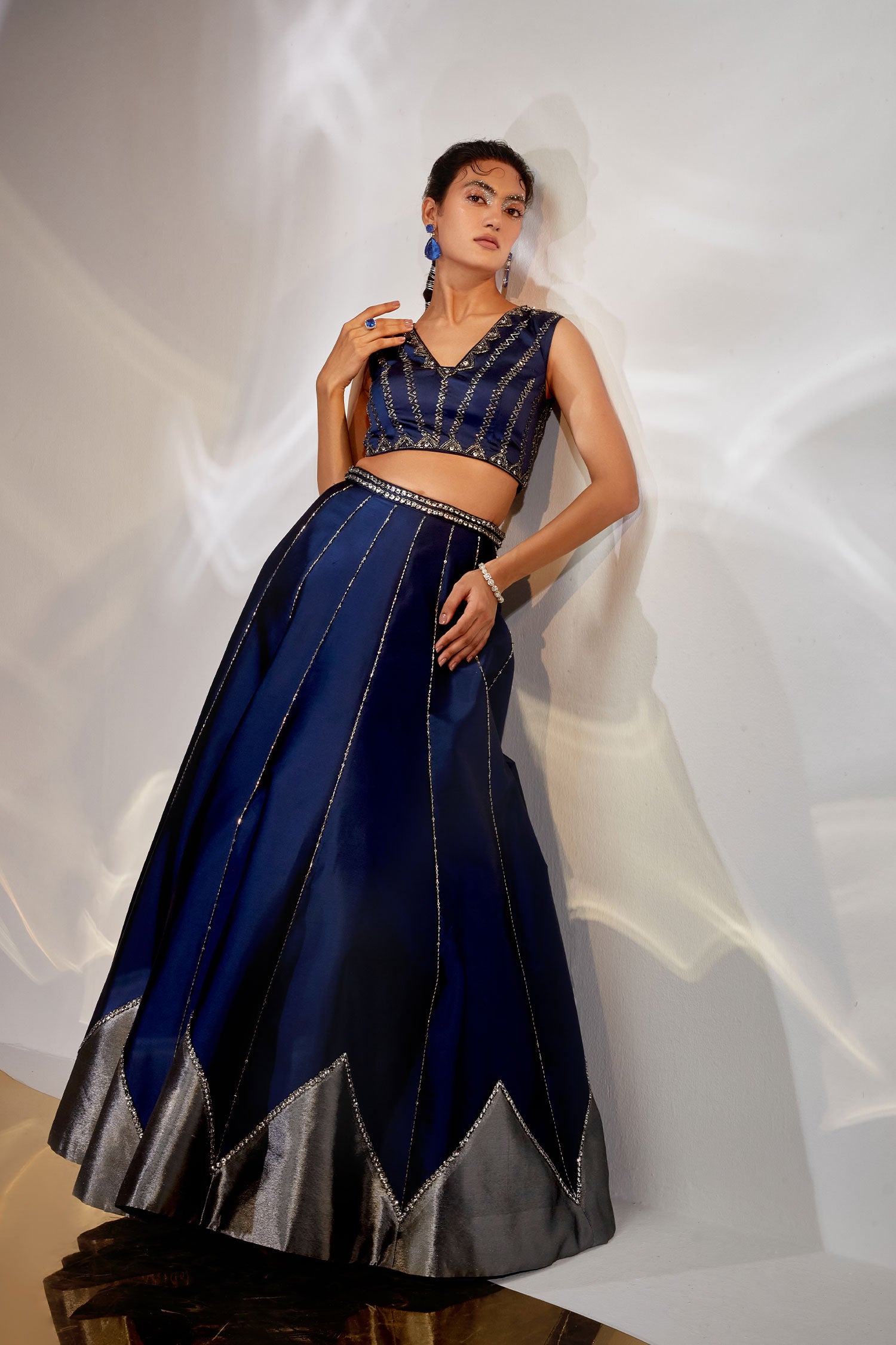 Blue tissue work lehenga