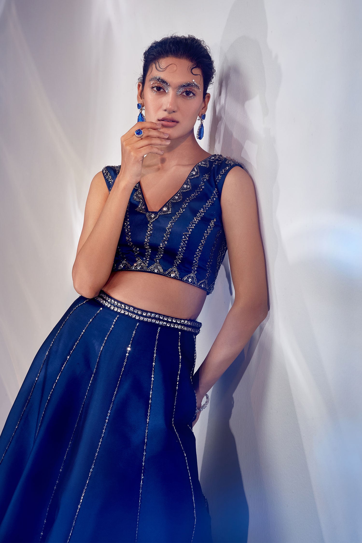 Blue tissue work lehenga