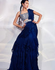 Blue ruffle drape saree