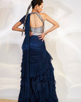 Blue ruffle drape saree