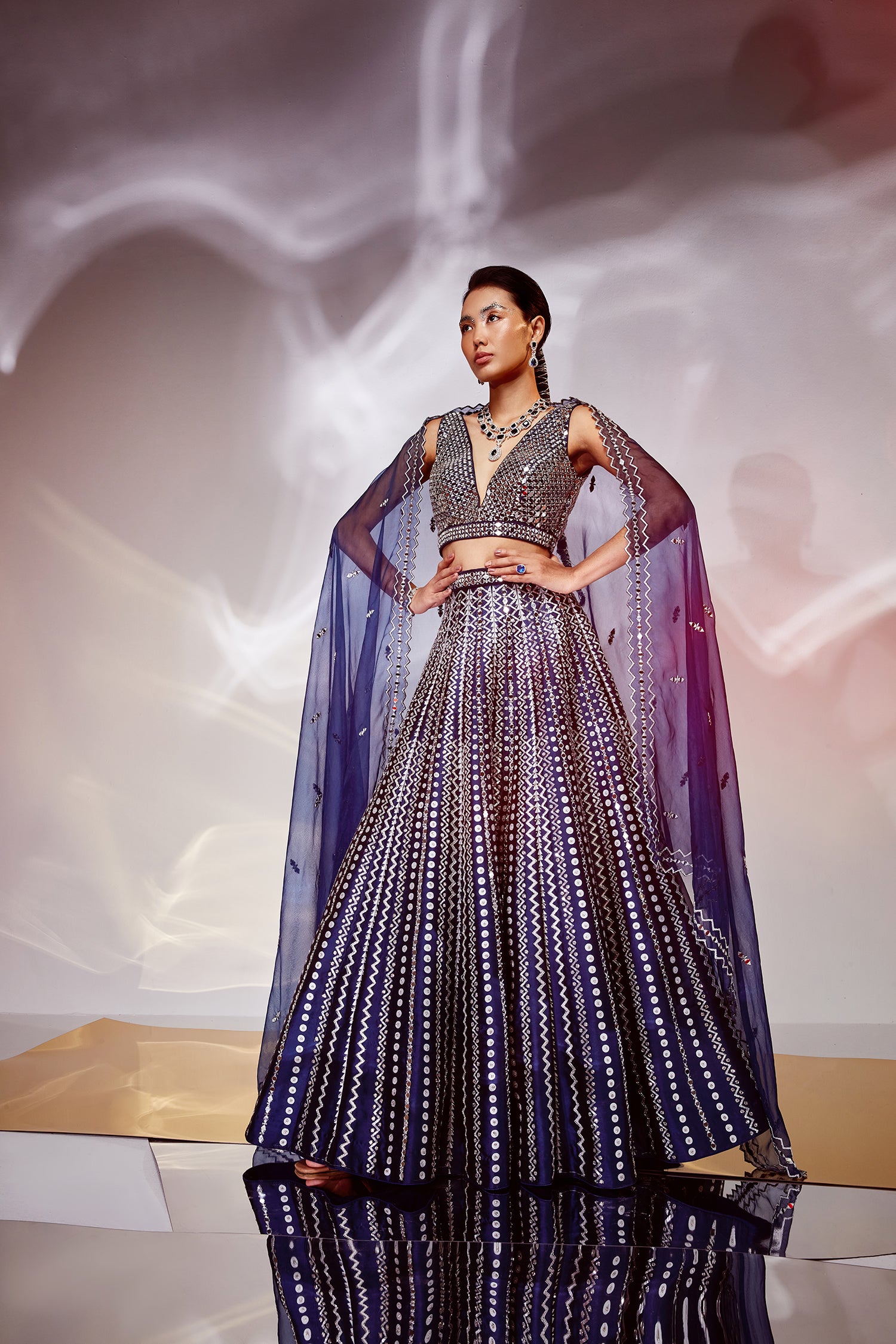 Midnight blue mirror work lehenga