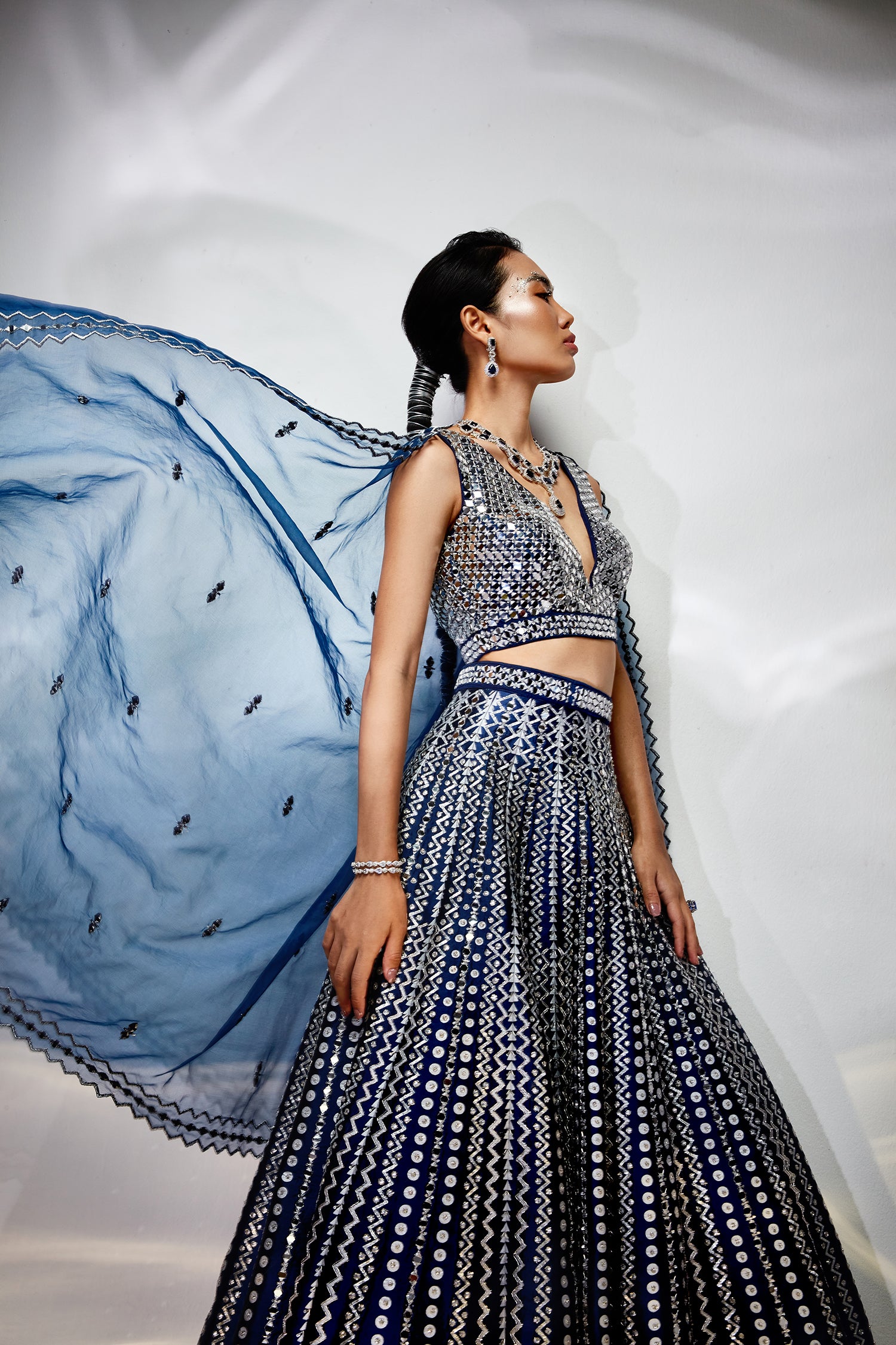 Midnight blue mirror work lehenga