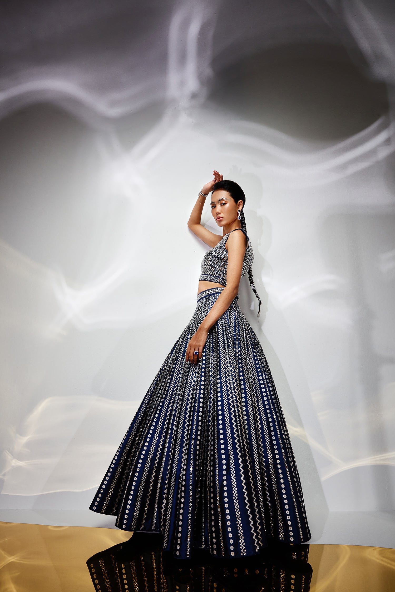 Midnight blue mirror work lehenga