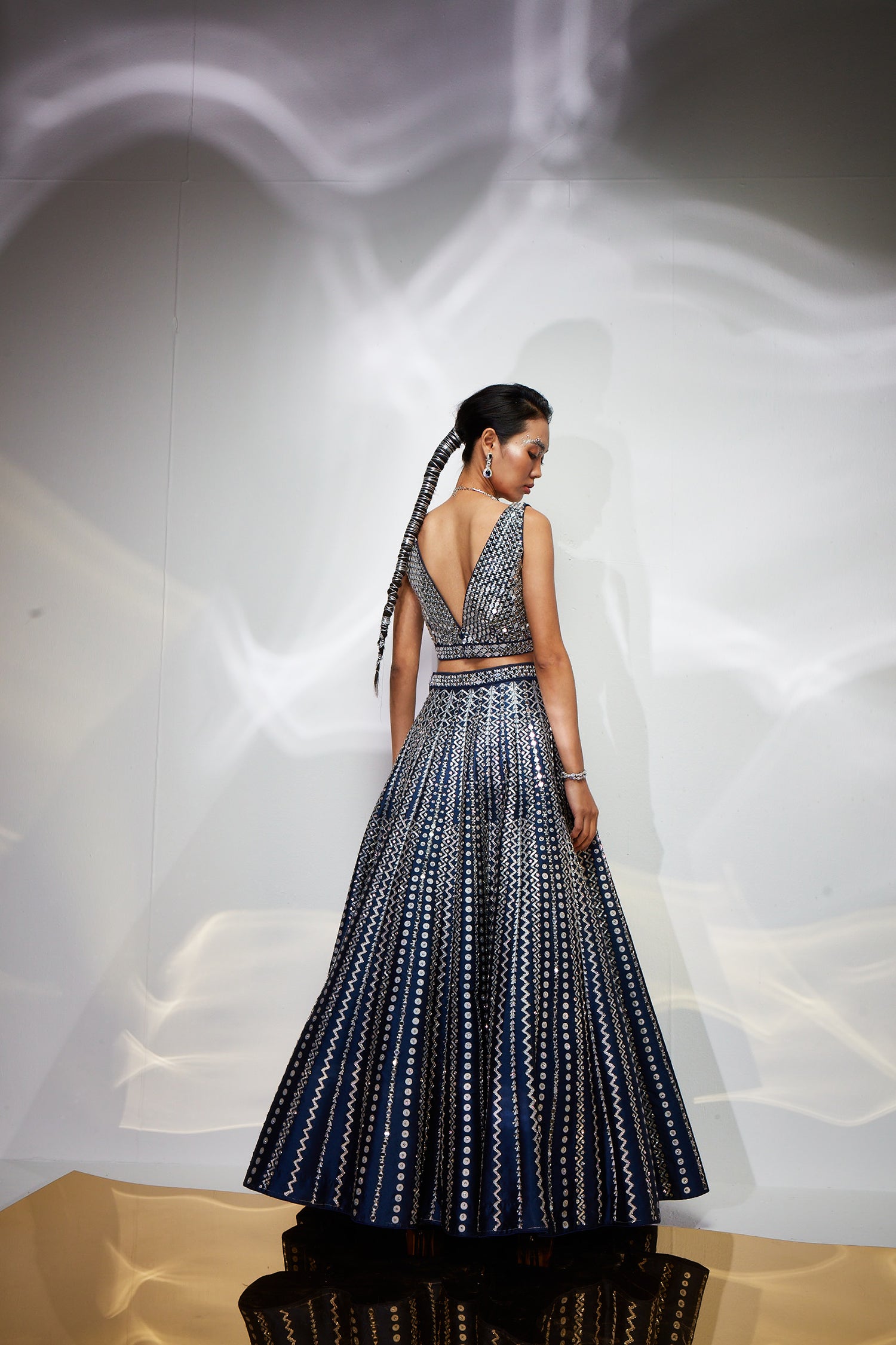 Midnight blue mirror work lehenga