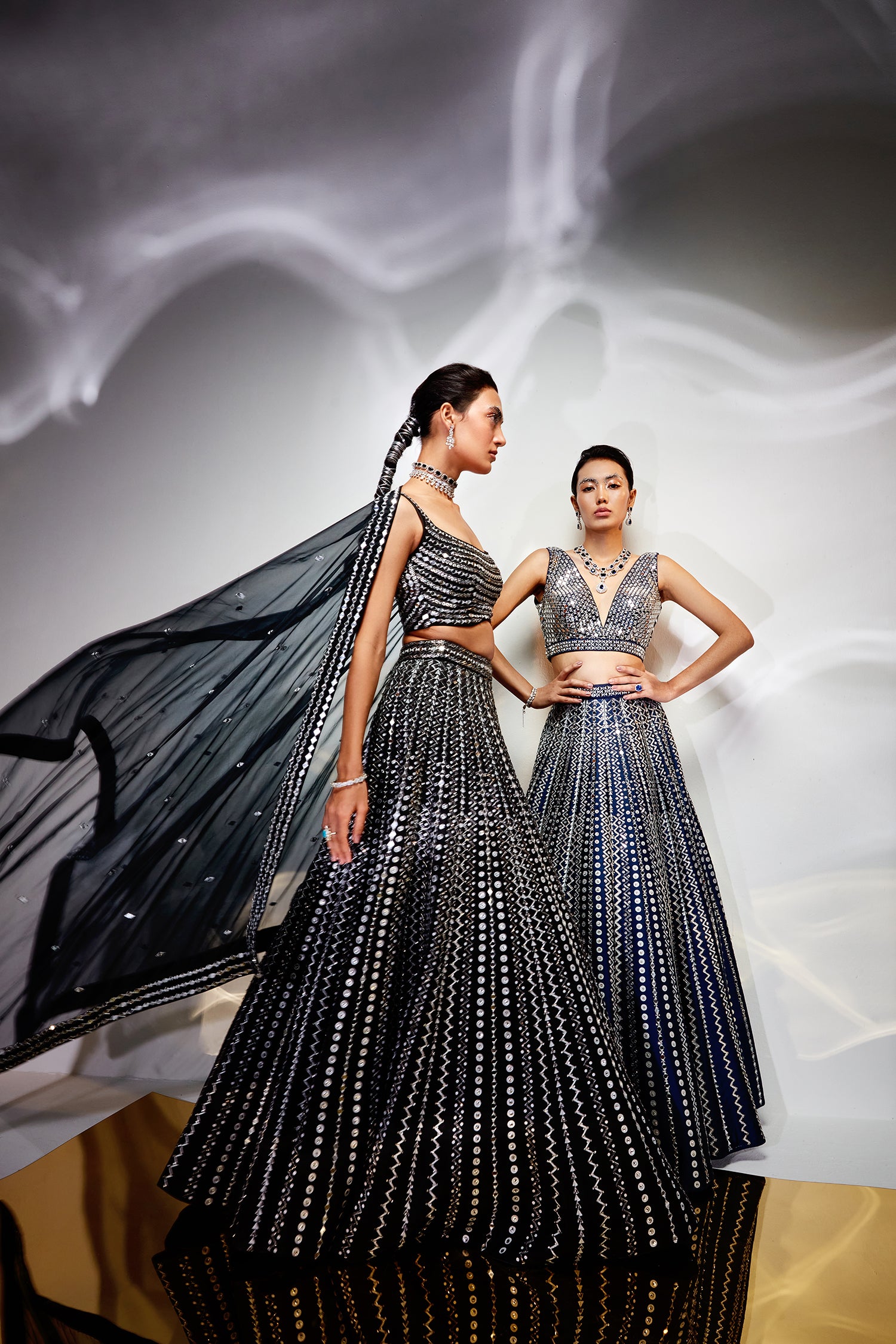 Midnight blue mirror work lehenga