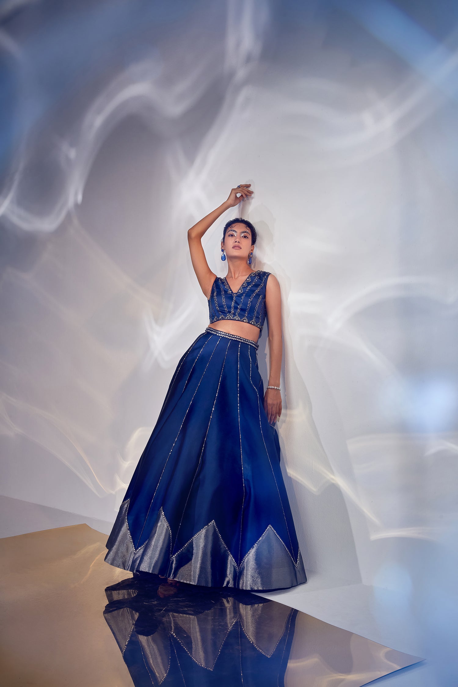 Blue tissue work lehenga