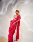 Pink ruffle drape saree