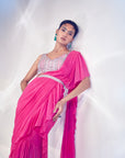 Pink ruffle drape saree