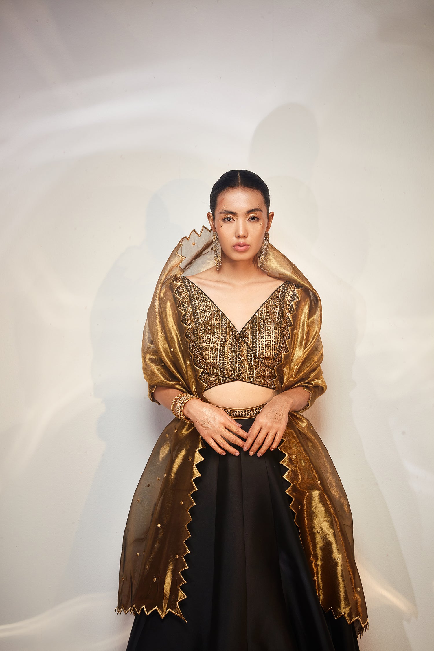 Black & gold tisssue work lehenga