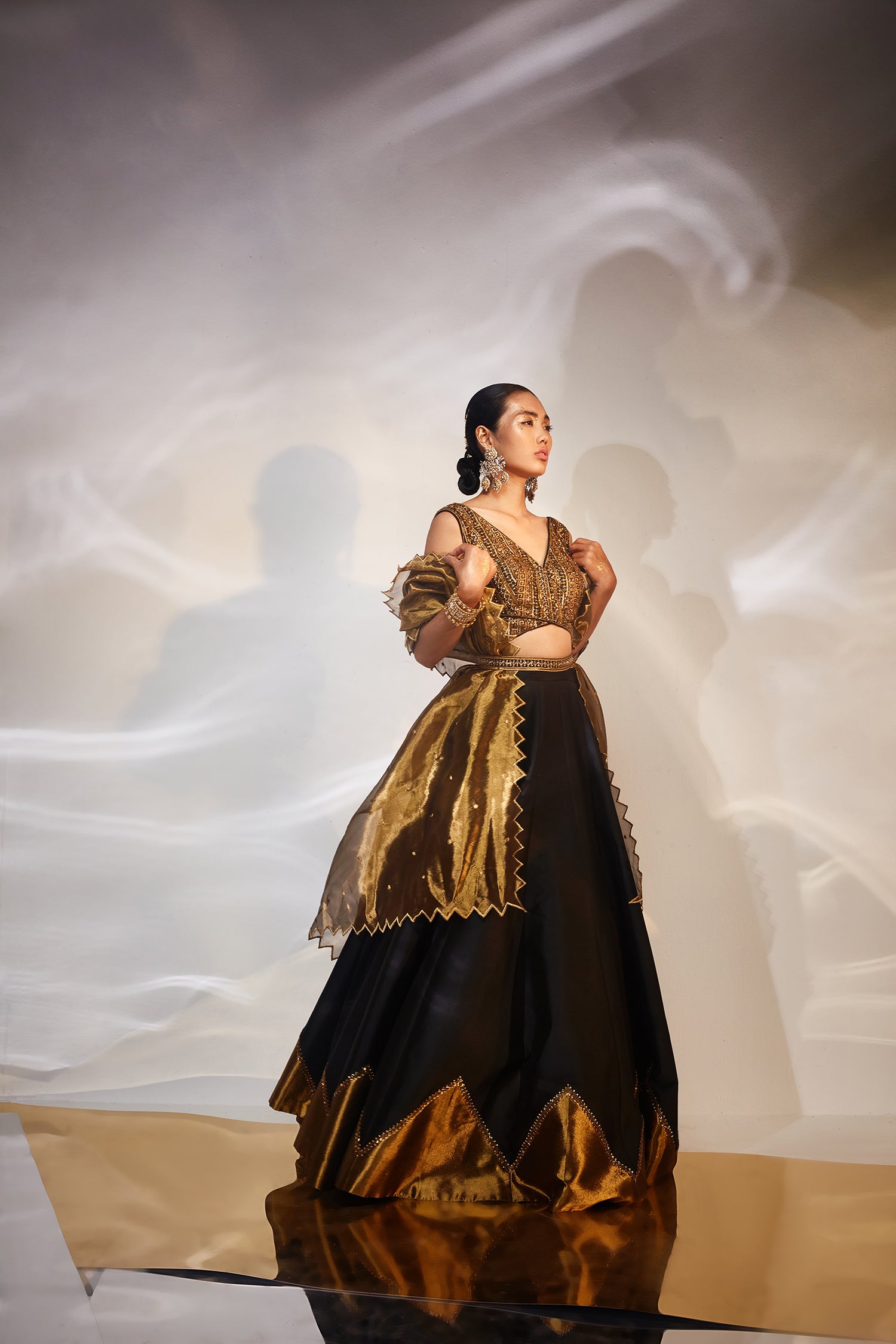 Black & gold tisssue work lehenga