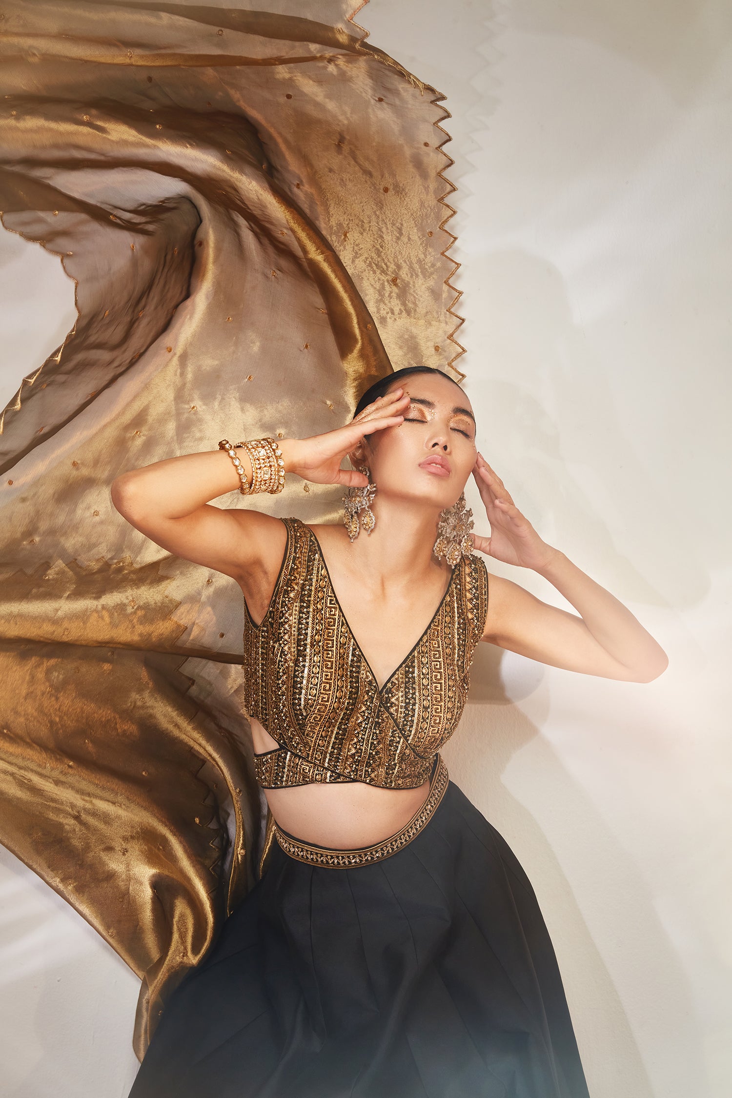 Black & gold tisssue work lehenga