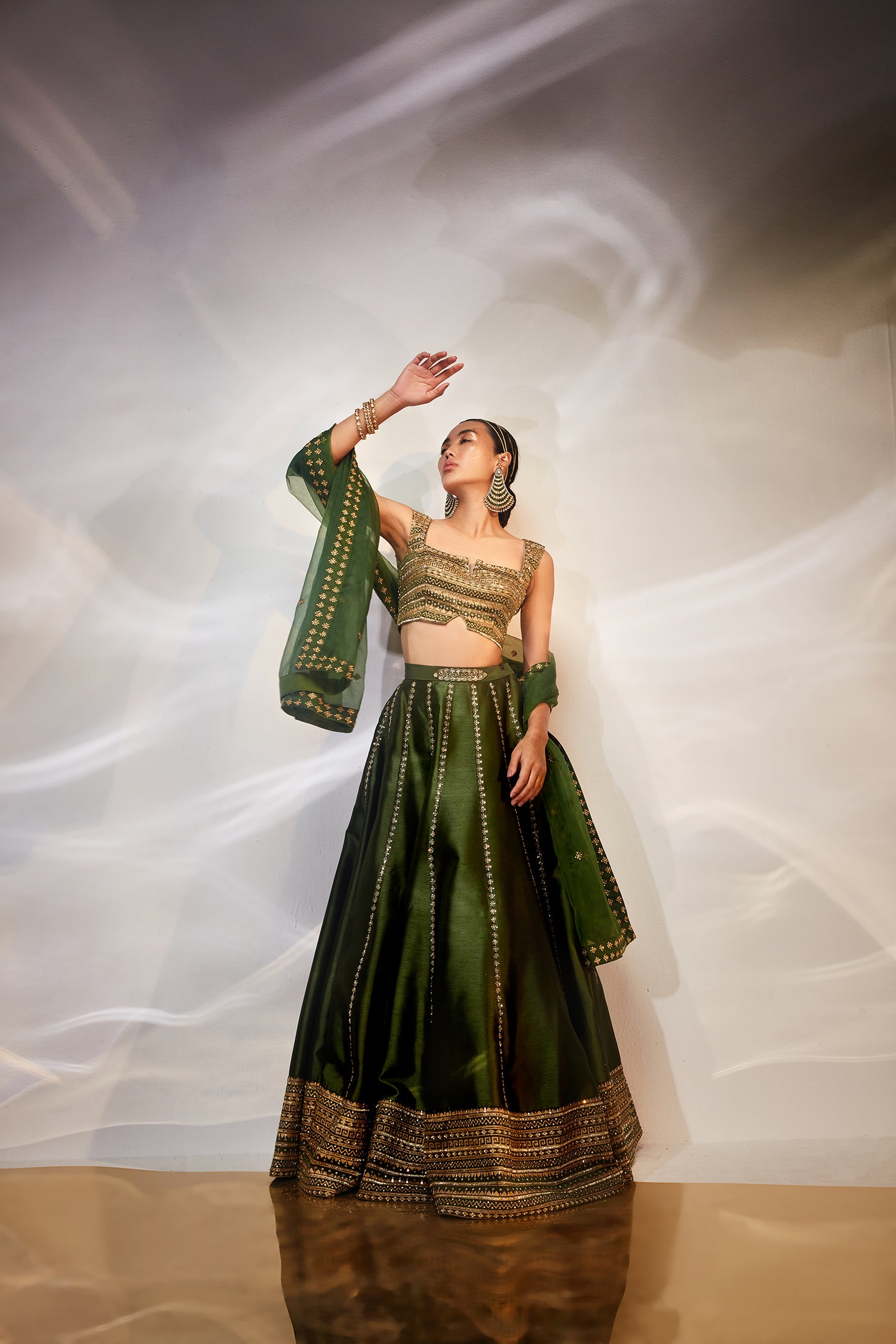 Green & gold work lehenga