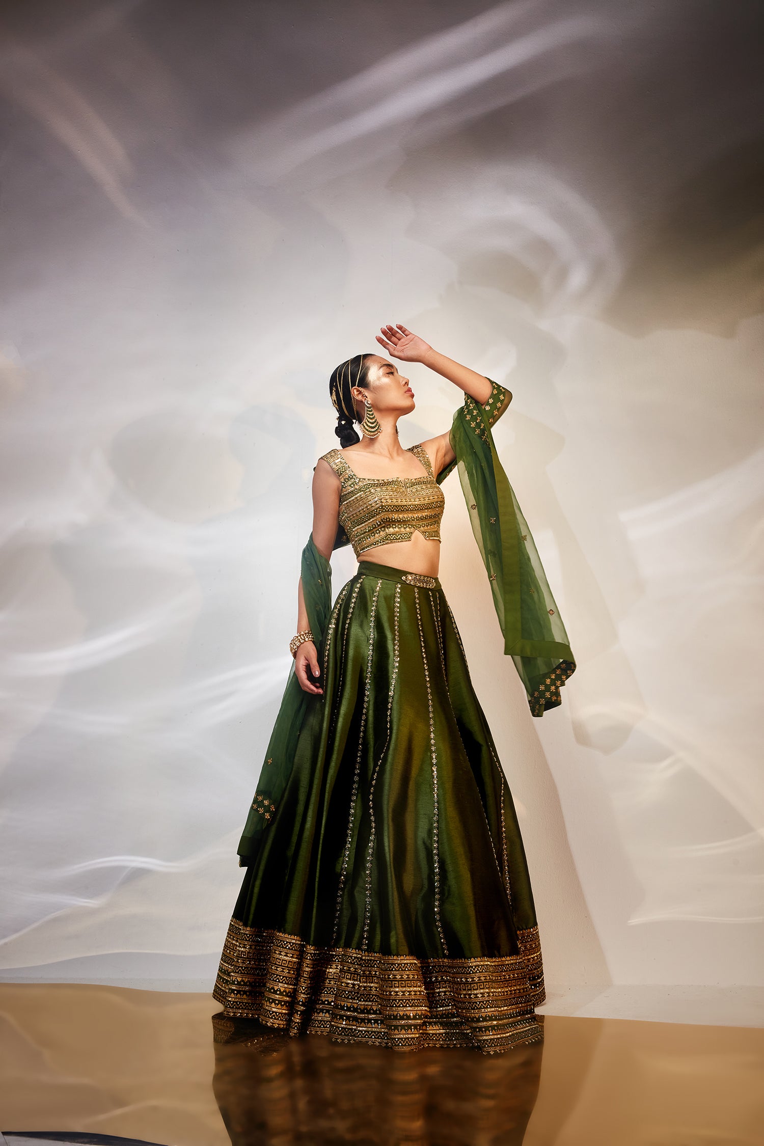 Green & gold work lehenga