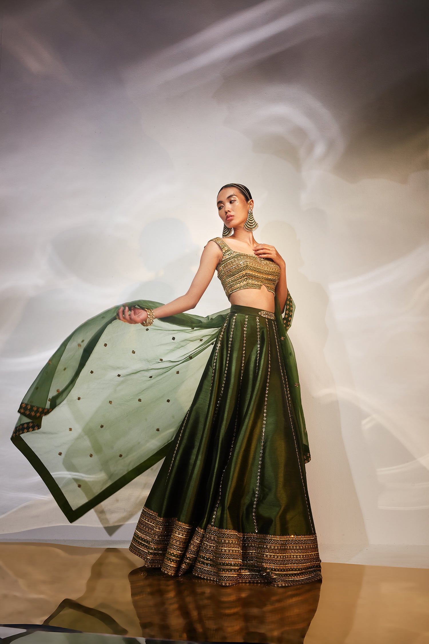 Green & gold work lehenga