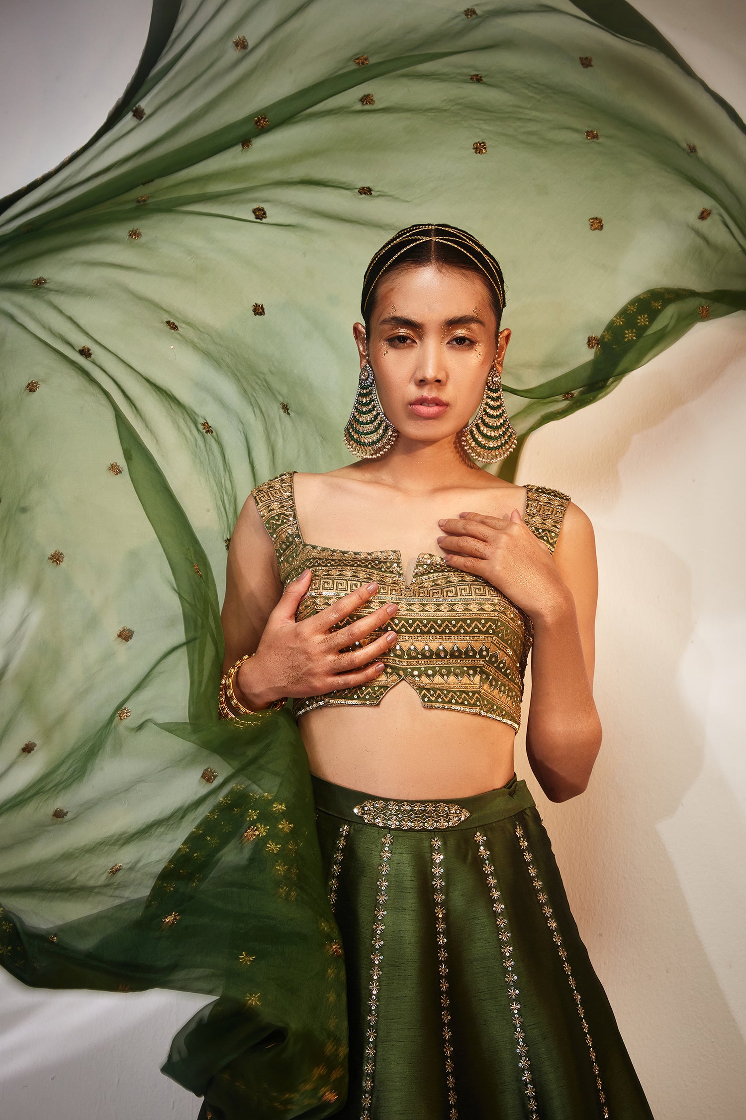 Green & gold work lehenga