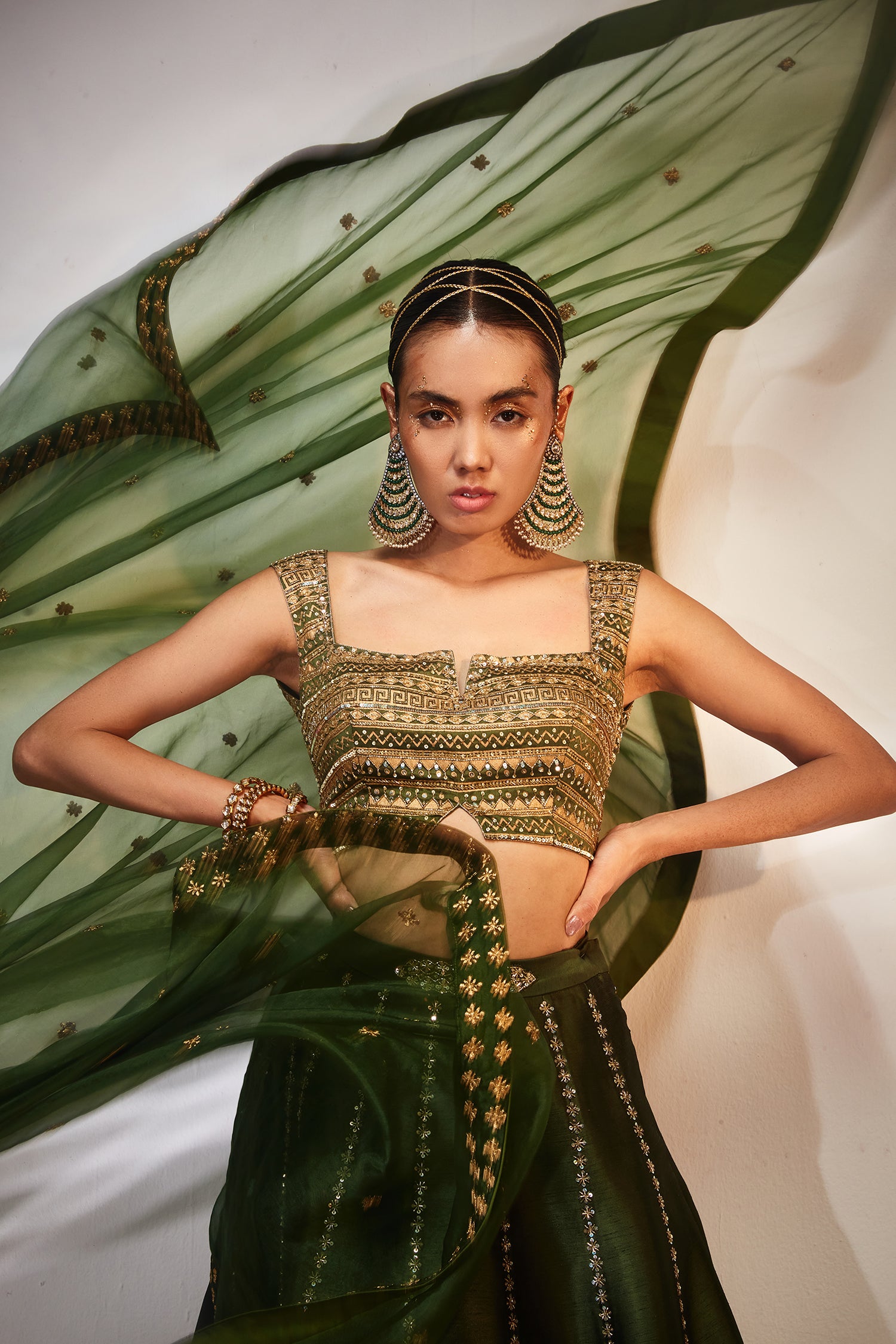 Green & gold work lehenga