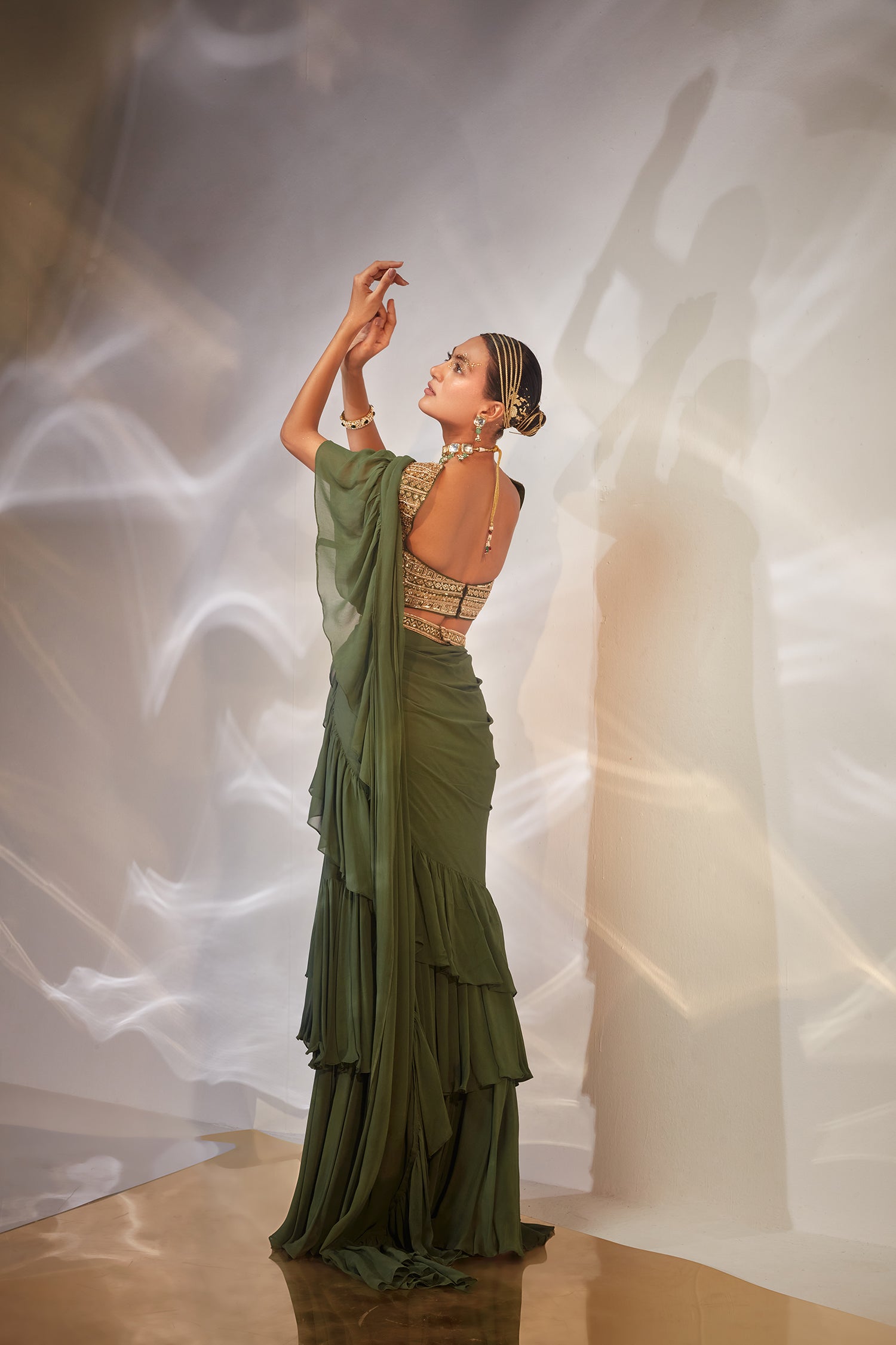 Green ruffle drape saree