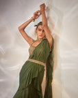 Green ruffle drape saree
