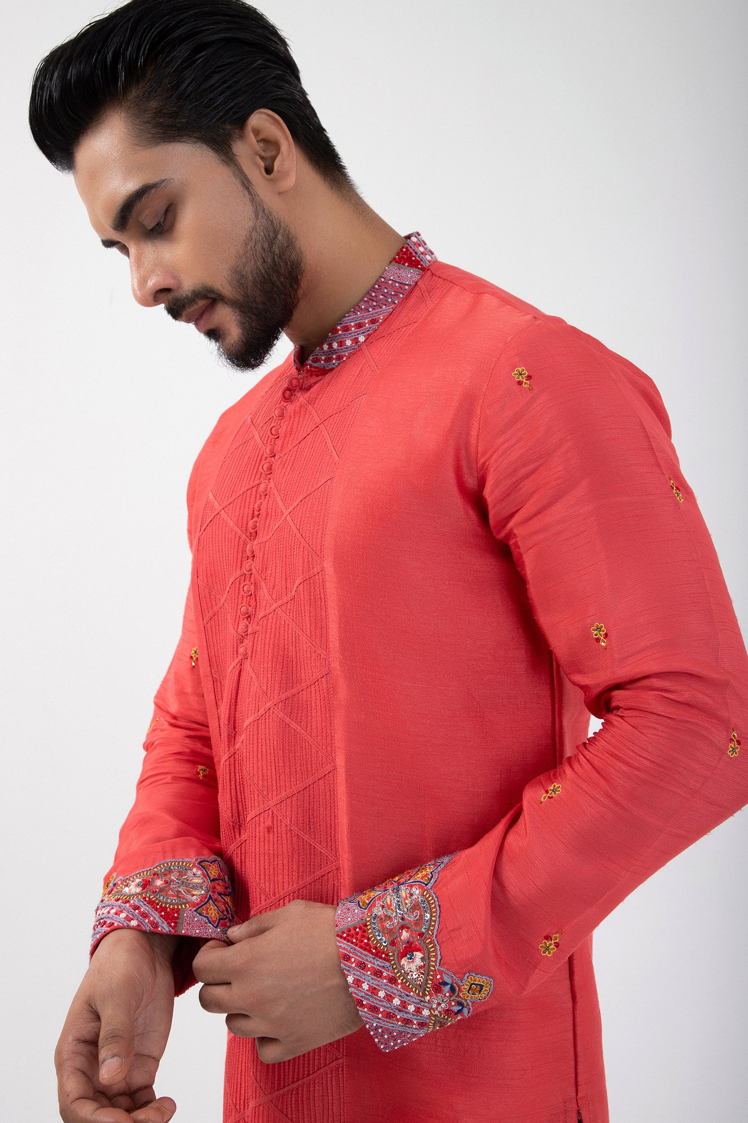 Coral Red Nehru and Kurta Set