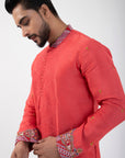 Coral Red Nehru and Kurta Set