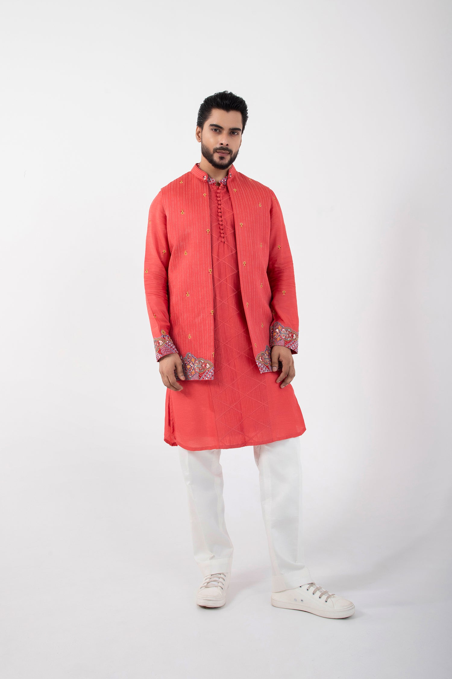 Coral Red Nehru and Kurta Set