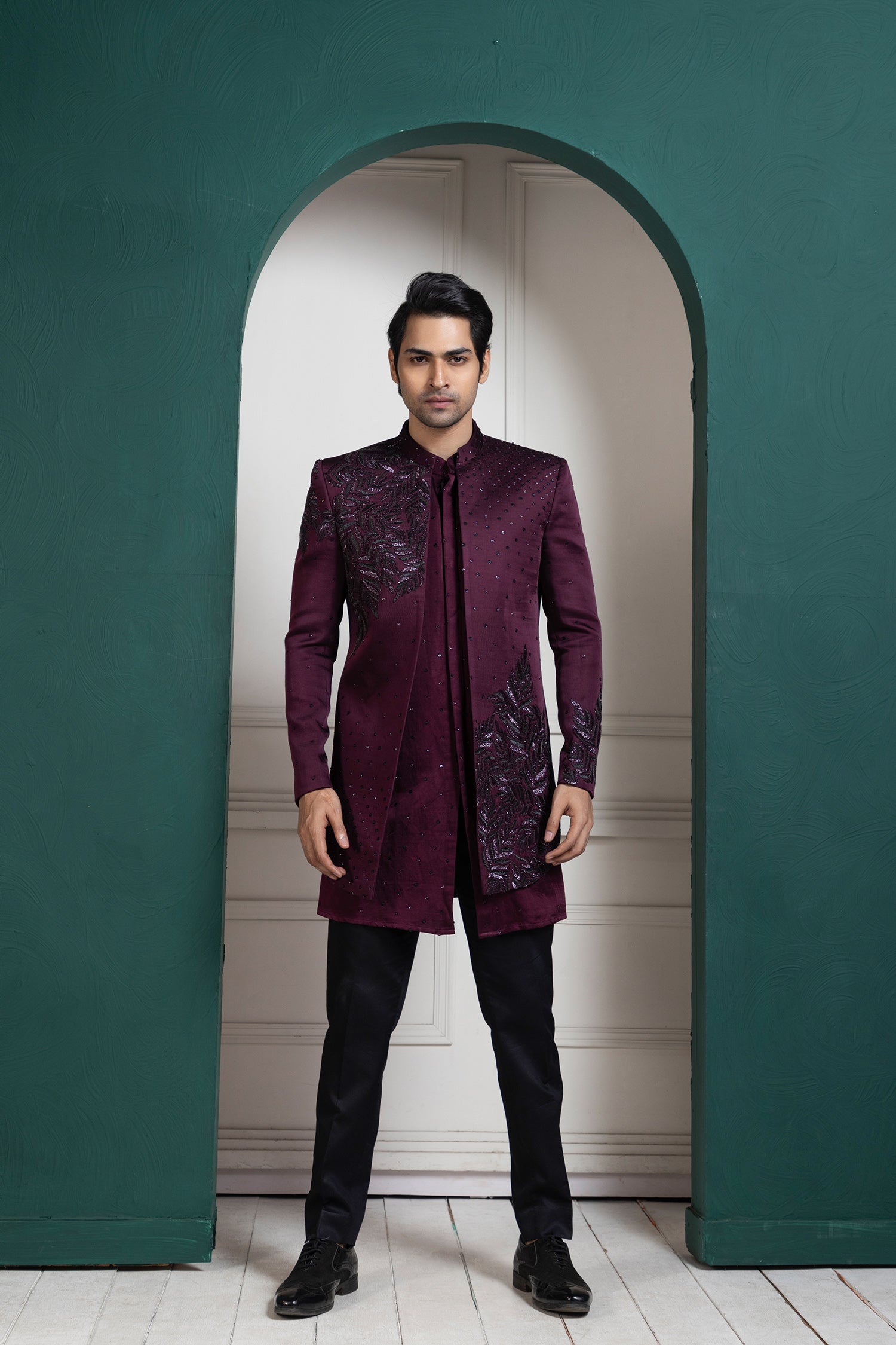 Plum Asymmetric Embroidered Bandhgala