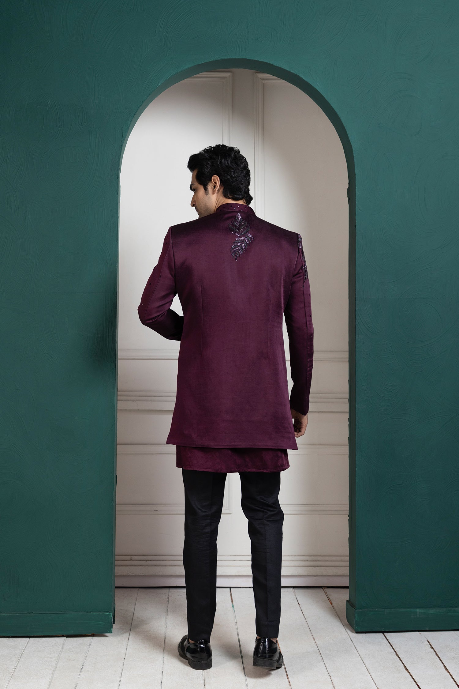 Plum Asymmetric Embroidered Bandhgala
