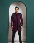 Plum Asymmetric Embroidered Bandhgala