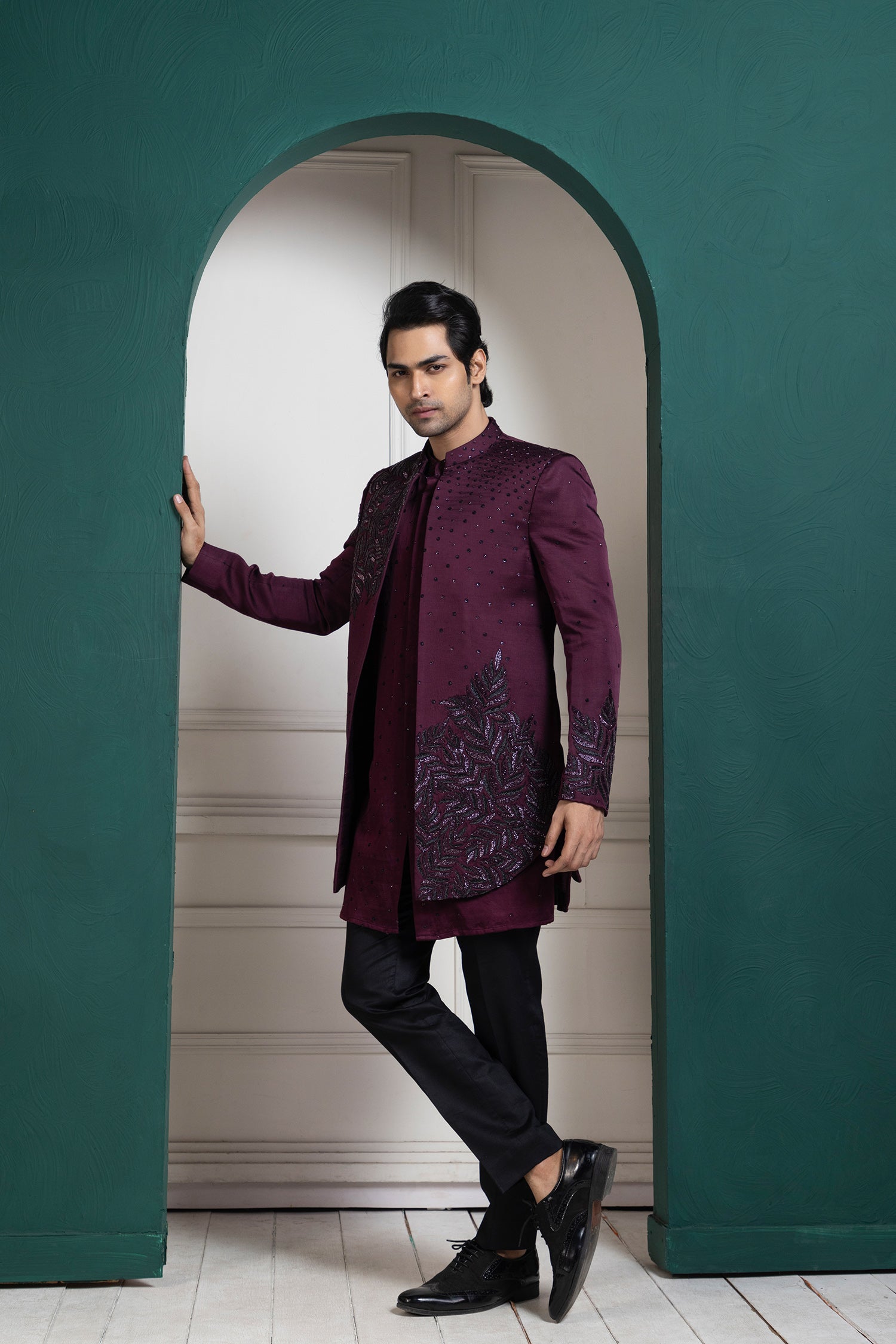 Plum Asymmetric Embroidered Bandhgala