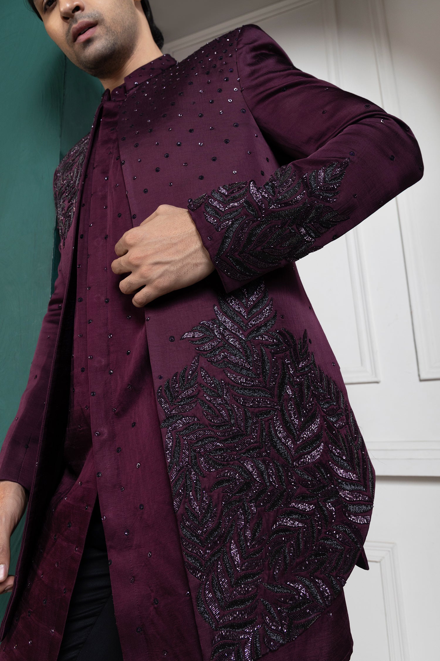 Plum Asymmetric Embroidered Bandhgala