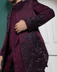 Plum Asymmetric Embroidered Bandhgala