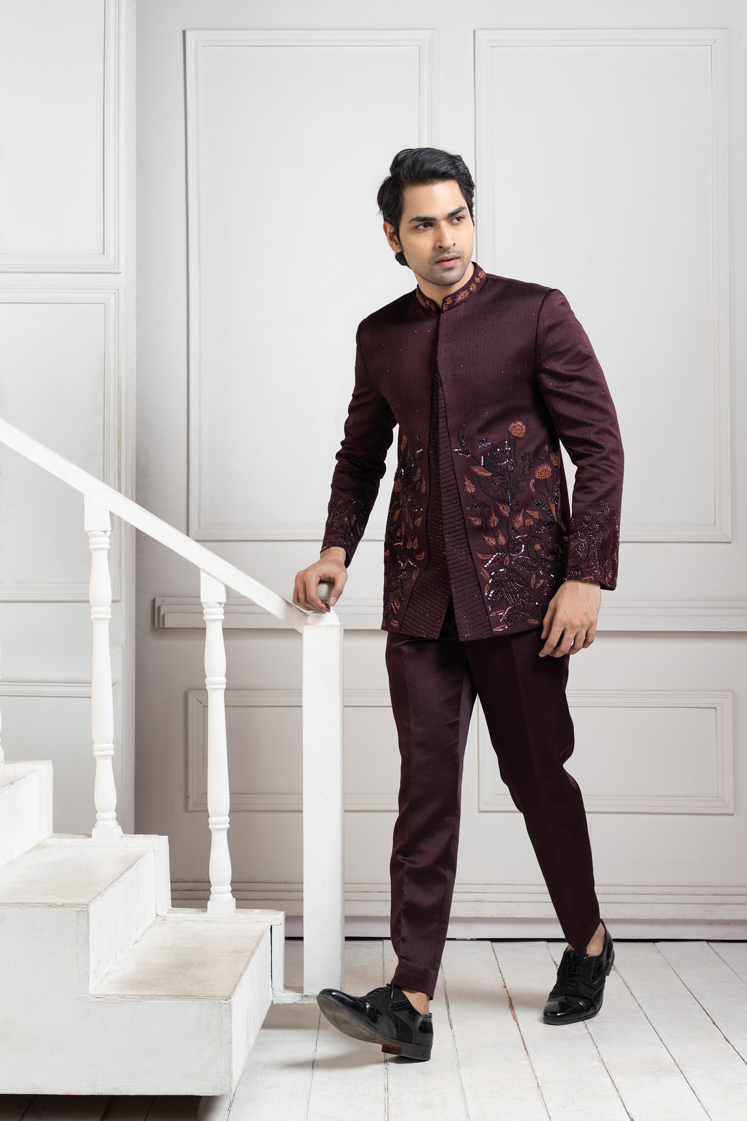 Embroidered Wine Bandhgala Set