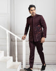 Embroidered Wine Bandhgala Set